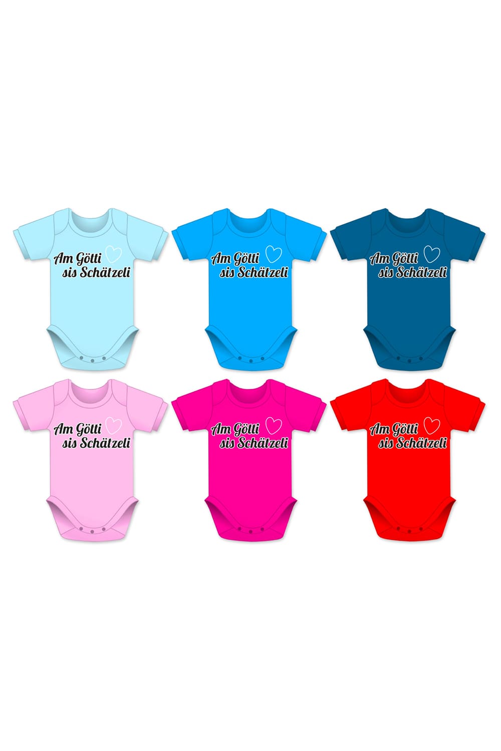 Babybodies in diversen Farben und Groessen mit der Aufschrift Schaetzeli und einem Herzbild
