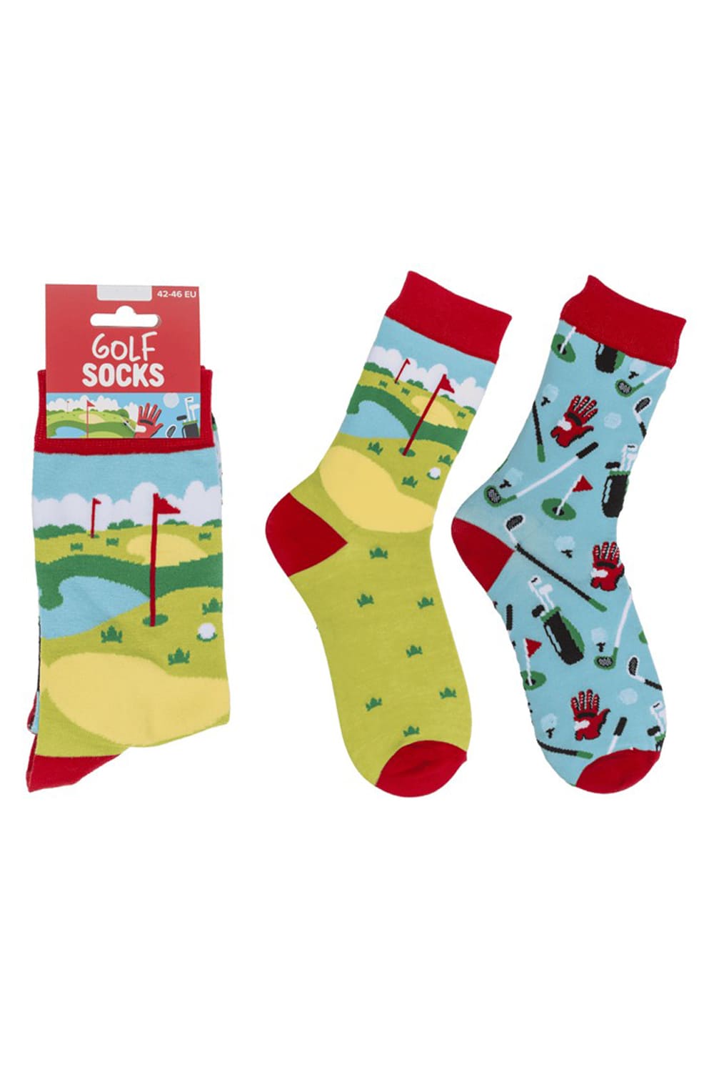 Witzige Socken mit Golf Motiv! Diese lustigen Motivsocken sind ein grossartiges Geschenk fuer Golfer! In der Einheitsgroesse (42/46) erhaeltlich. Bei geschenkinsel.ch.