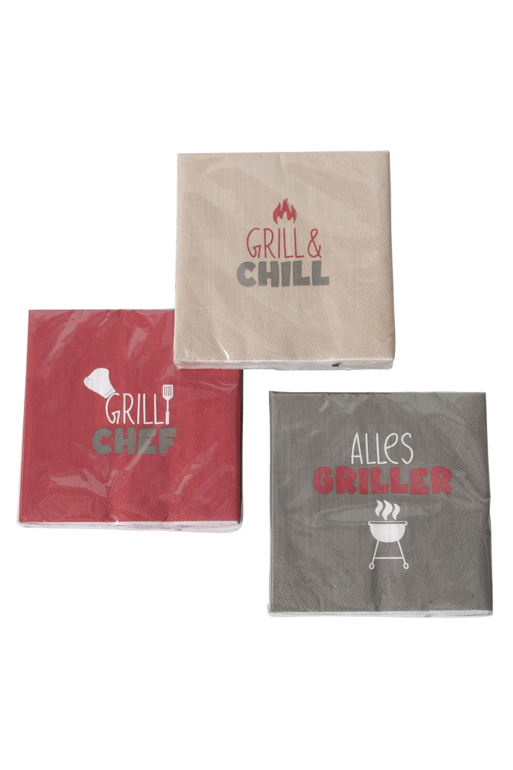 Originelle Spruchservietten fuer den Grillplausch. Die Spruchservietten sind nur im 3er-Set erhaeltlich (3 diverse Sprueche). Spruch 1: Grill & Chill Spruch. 2: Grill Chef Spruch. 3: Alles Griller.