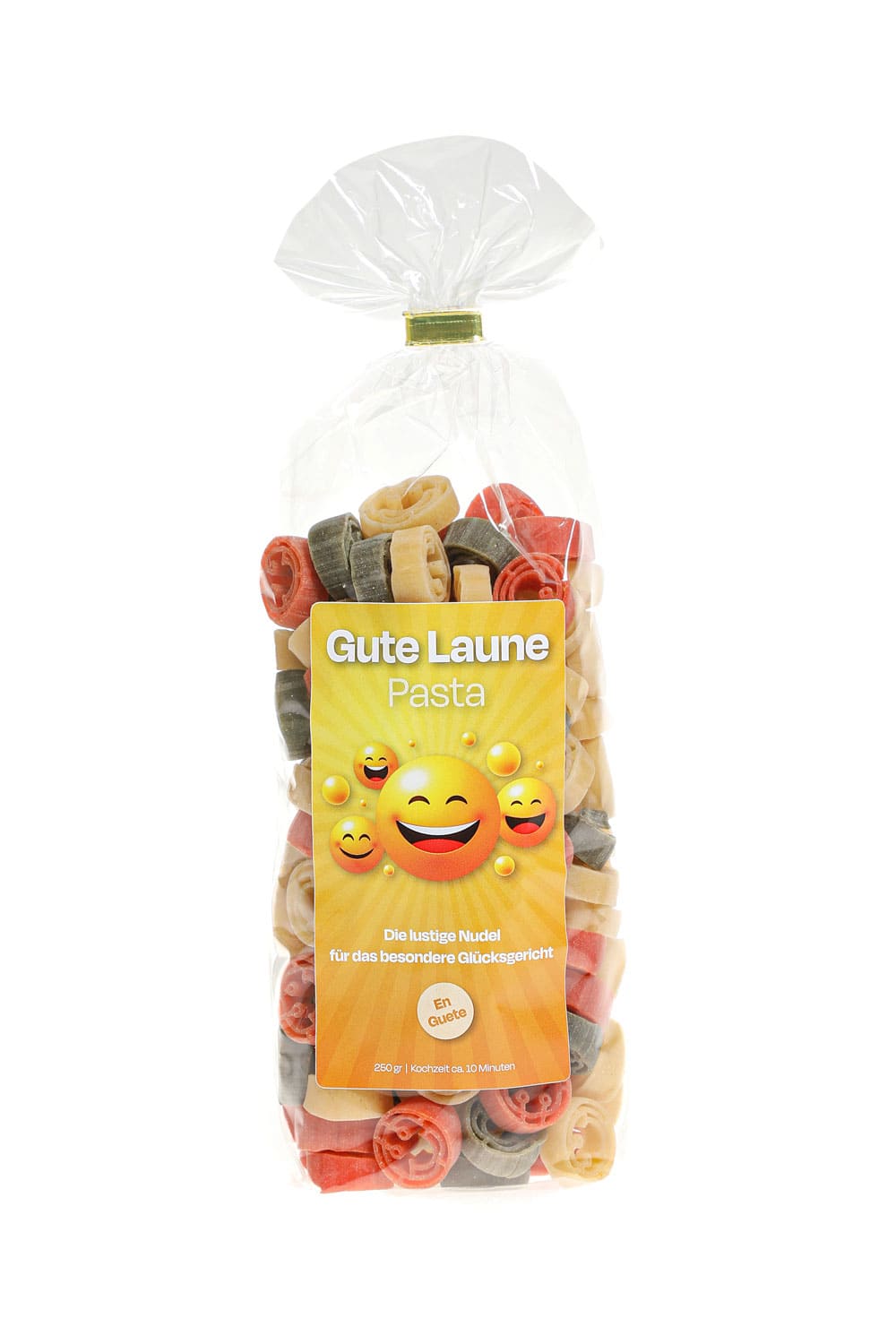 Pastasaeckli mit der Spruchetikette: Gute Laune Pasta. Die lustige Nudel fuer das besondere Gluecksgericht. En Guete. Die Motiv Teigwaren sind in Smiley Form! 
