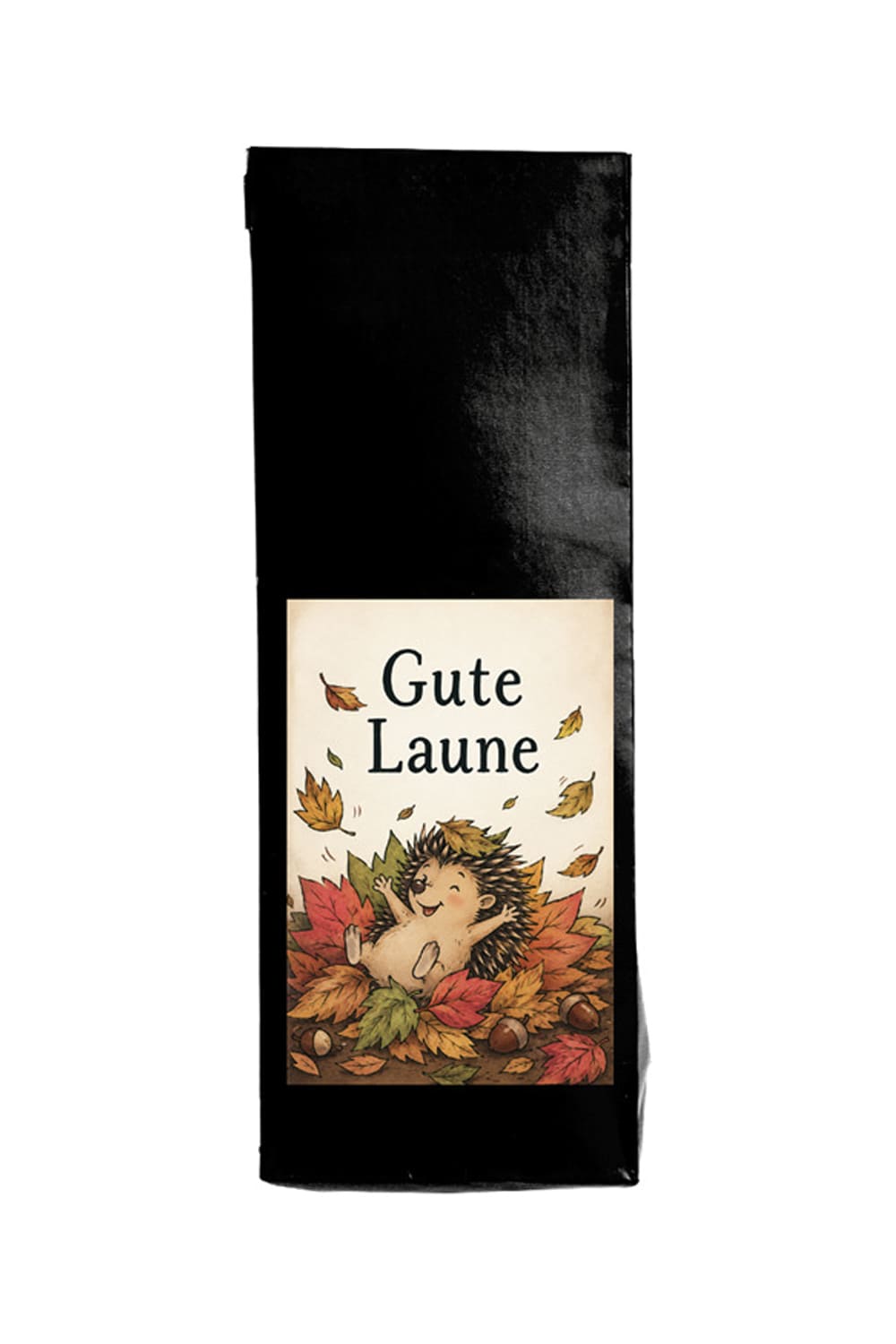 Gute Laune Tee mit fröhlichem Igel im bunten Herbstlaub, naturbelassener Früchtetee im 100-g-Beutel
