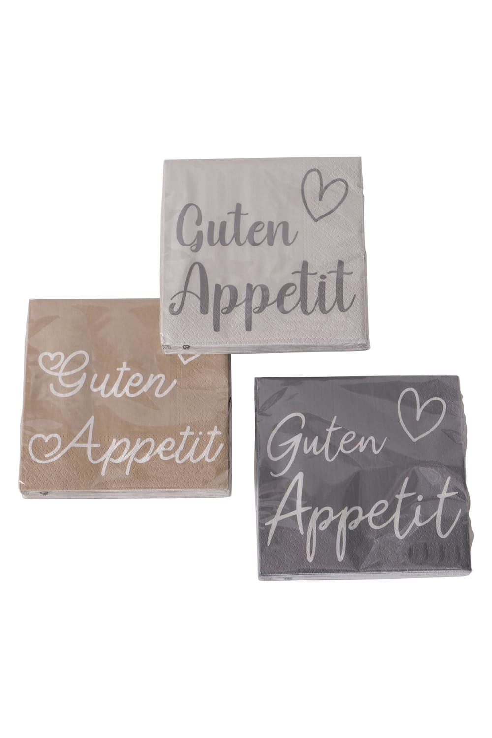 Spruchservietten als Geschenk oder zur Dekoration fuer Kueche und Wohnzimmer. Die Servietten sind nur im 3er-Set erhaeltlich (3 diverse Farben). Mit der Aufschrift: Guten Appetit. 