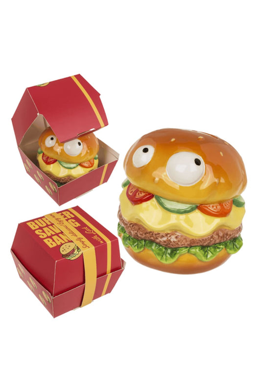 Sparkaesseli fuer jeden Burgerfan! Die Hamburger Sparkasse ist aus Keramik und mit Schluesselschloss. Die Burger Spardose ist ein einer Box. 