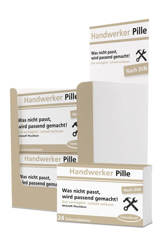 Die Schokopillen sind in einer Verpackung, die aussieht wie eine Medizinschachtel mit folgenden Spruechen: Handwerker Pille. Was nicht passt, wird passend gemacht! Gut vertraeglich-schnell wirksam. Wirkstoff: Pfuschikum. Die Humor Apotheke Scherztabletten sind der Renner. 