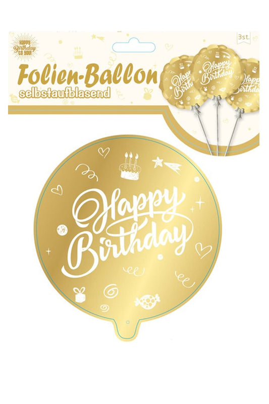 Happy Birthday Ballon als perfekte Dekoration fuer eine Party zum Geburtstag. Folienballon (3 Stk.) inklusive Clip und Stab. Der Ballon ist selbstaufblasend. 