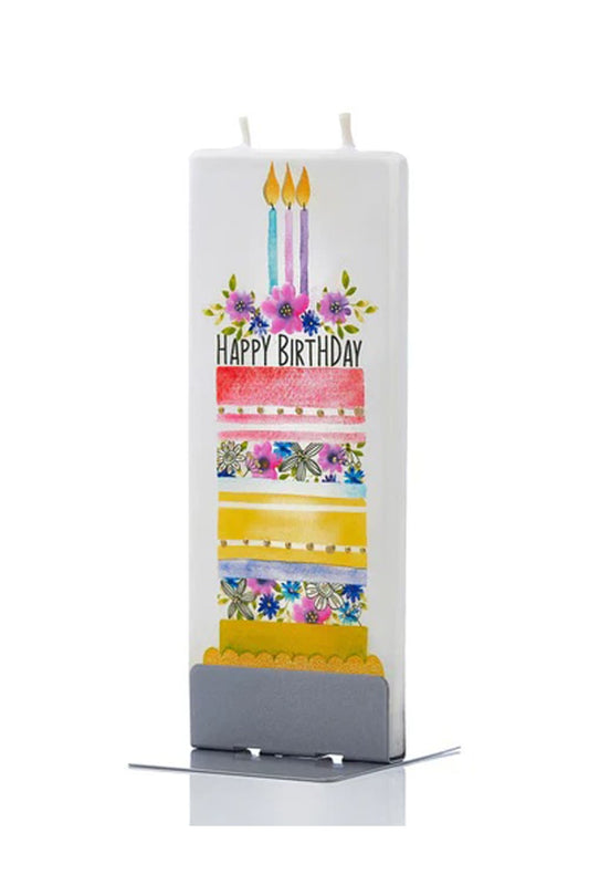 Die Happy Birthday Flachkerze ist einfach einzigartig und ein perfektes Geschenk zum Geburtstag! Die Kerze von der Marke Flatyz ist flach und von Hand bemalt.