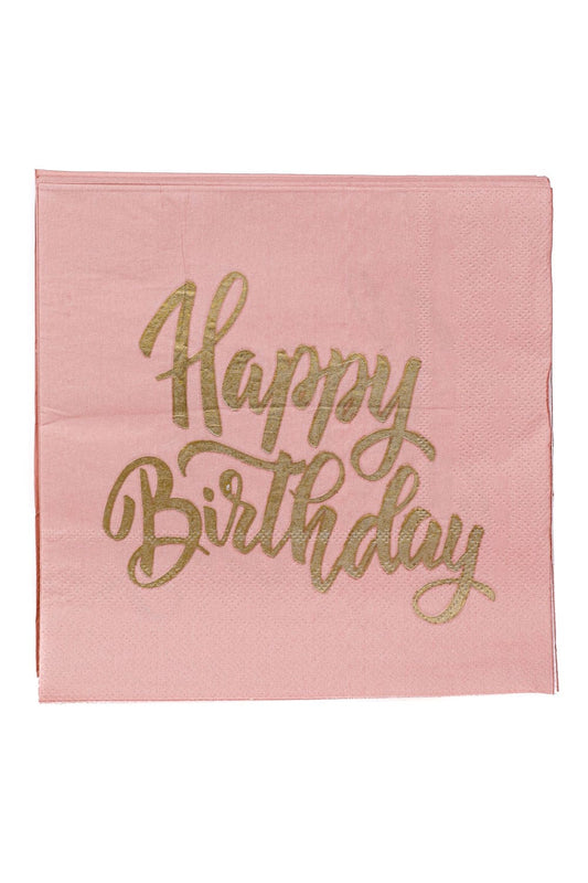 Diese Happy Birthday Servietten sind perfekt als Geschenk oder Dekoration zum Geburtstag. Eine Packung beinhaltet 20 Papierservietten (gold-rosa). 
