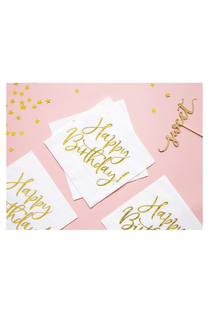 Diese Happy Birthday Servietten sind perfekt als Geschenk oder Dekoration zum Geburtstag. Eine Packung beinhaltet 20 Papierservietten (gold-weiss).