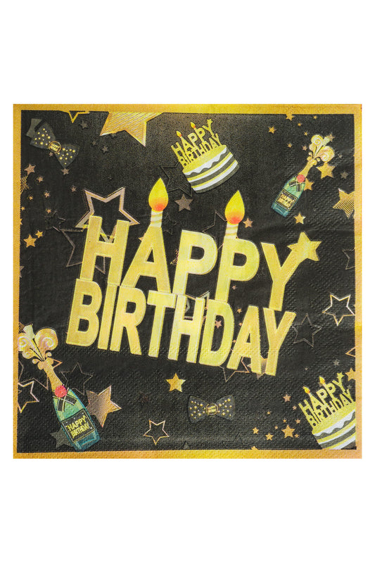 Diese Happy Birthday Servietten sind perfekt als Geschenk oder Dekoration zum Geburtstag. Eine Packung beinhaltet 20 Papierservietten (schwarz-gold). 