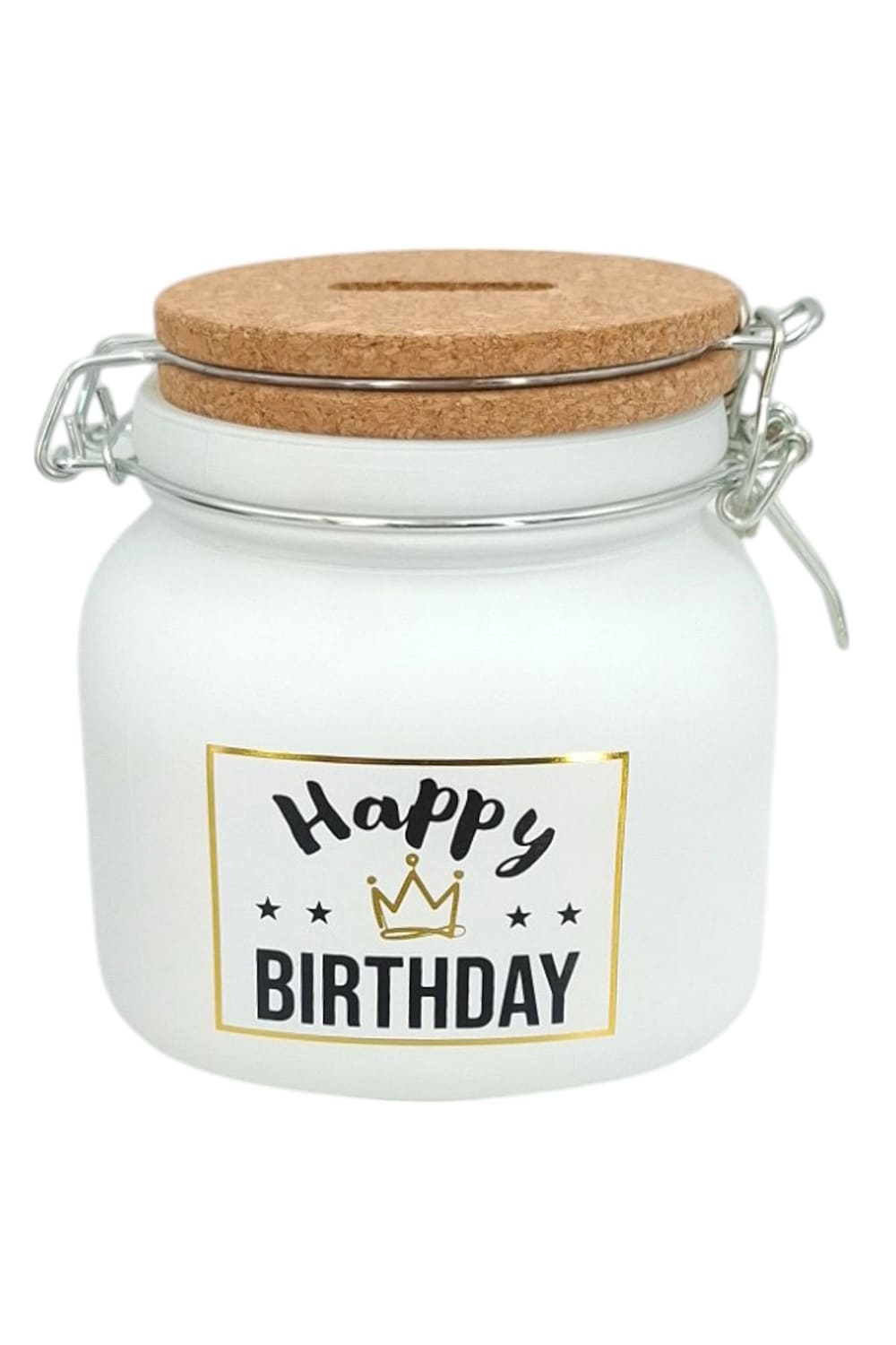 Dieses Sparglas ist ein ideales Geschenk zum Geburtstag! Diese Spardose ist aus Glas und Kork sowie mit Vorhaengeschloss und Schluessel. Mit der Aufschrift: Happy Birthday! 