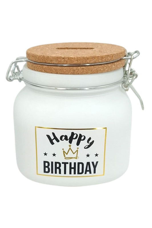 Dieses Sparglas ist ein ideales Geschenk zum Geburtstag! Diese Spardose ist aus Glas und Kork sowie mit Vorhaengeschloss und Schluessel. Mit der Aufschrift: Happy Birthday! 