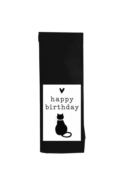 Happy Birthday Tee Katze mit schwarzer Katzen-Silhouette, Herz und Schriftzug auf schwarzem Beutel, Früchtetee 100 g zum Geburtstag