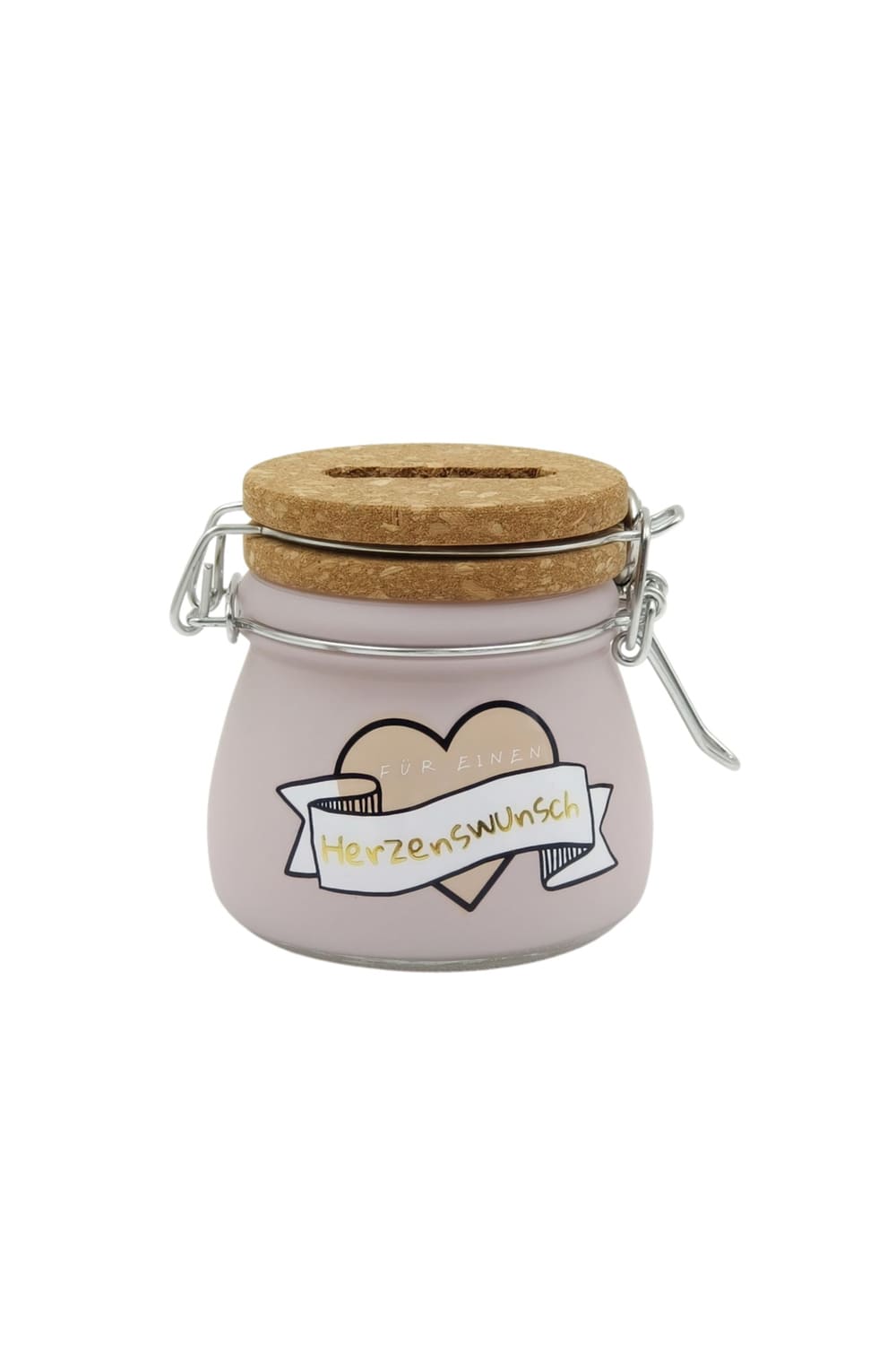 Diese kleine Spardose ist aus Glas und Kork sowie mit Vorhaengeschloss und Schluessel. Auf dem Mini Sparglas steht die Aufschrift: Fuer einen Herzenswunsch!