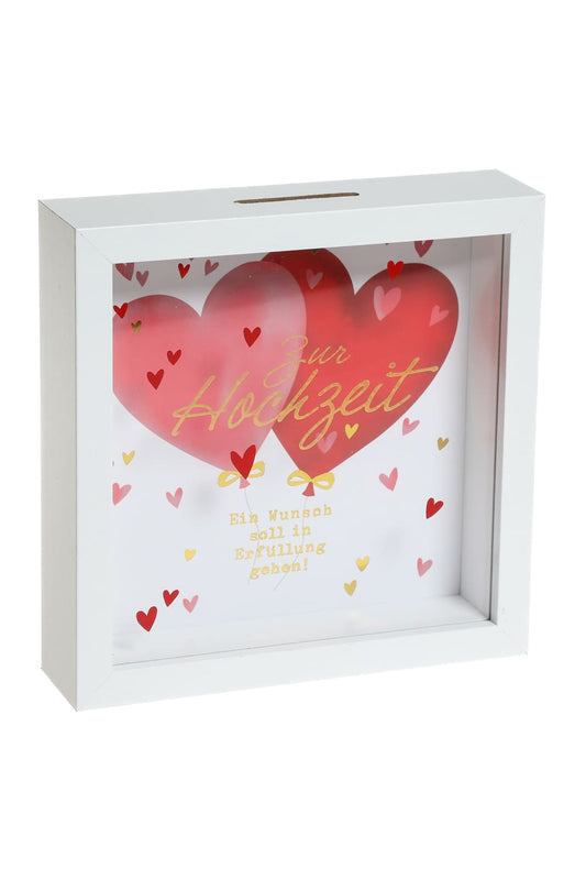 Das Herz Sparkaesseli ist ein ideales Geschenk! Die Holz Sparkasse ist bedruckt mit der Aufschrift: Zur Hochzeit. Ein Wunsch soll in Erfuellung gehen. 