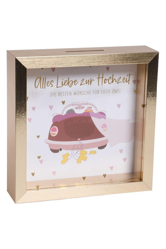 Dieses Hochzeit Sparkaesseli ist ein ideales Geschenk fuer jede Eheschliessung! Die Holz Sparkasse ist bedruckt mit einem Brautpaar in einem wegfahrendem Auto und der Aufschrift: Alles Liebe zur Hochzeit! Die besten Wuensche fuer euch zwei! 