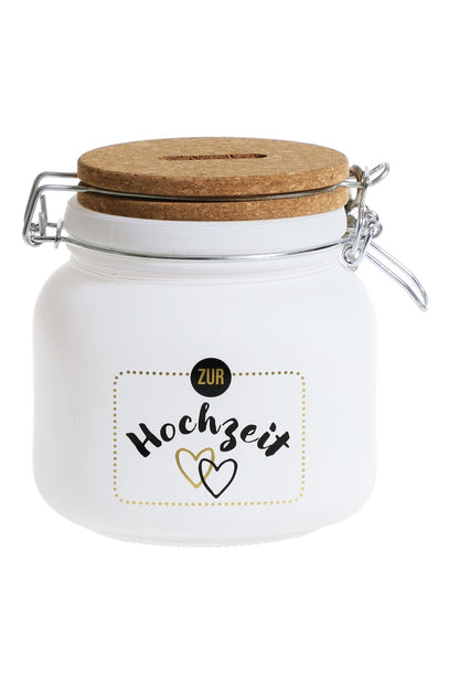 Dieses Sparglas ist ein ideales Geschenk zur Hochzeit! Diese Spardose ist aus Glas und Kork sowie mit Vorhaengeschloss und Schluessel. 