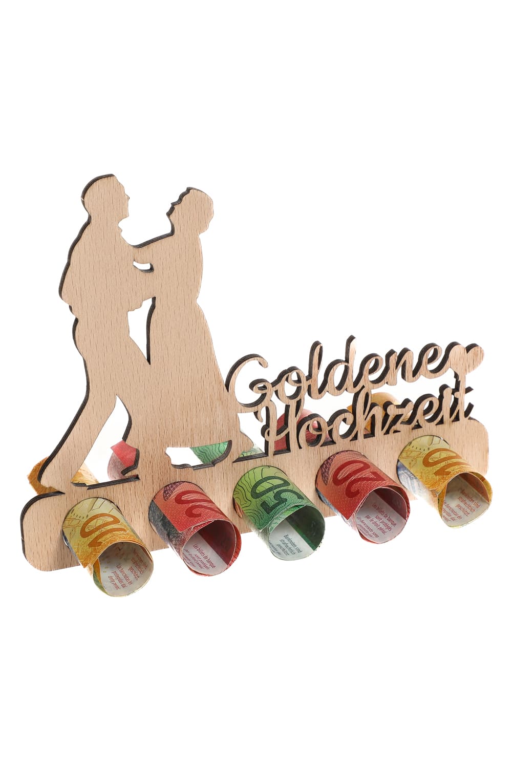 Geldgeschenk fuer 50 Jahre Ehe! Einfach die Geldnoten rollen und durch die Loecher stecken. Originelles Geschenk aus Holz mit der Aufschrift: Goldene Hochzeit. 