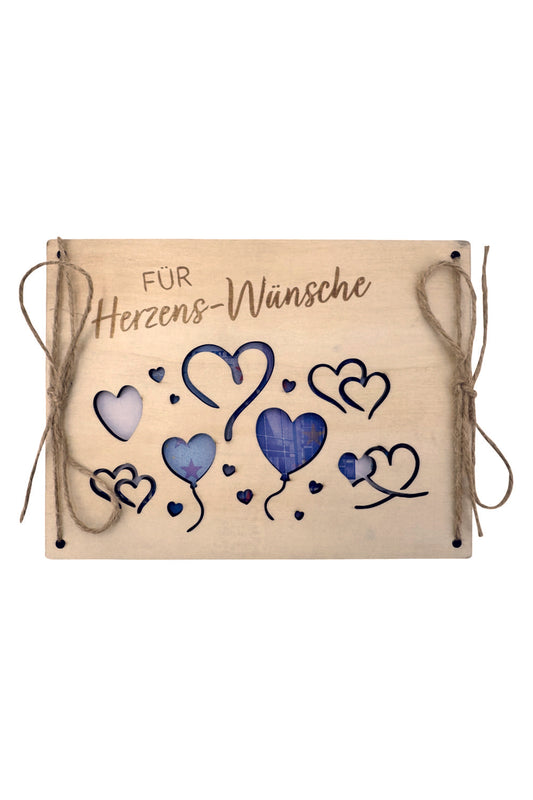 Kreative Geldkarte aus Holz! Einfach die Geldnoten dazwischen legen und zubinden. Ein originelles Geldgeschenk mit der Aufschrift: Fuer Herzenswuensche. 