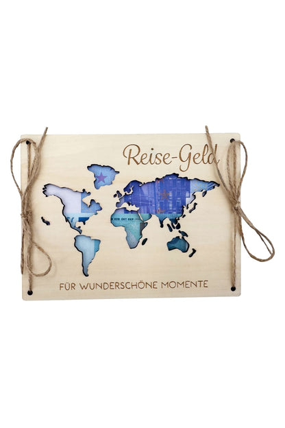 Kreative Geldkarte aus Holz! Ein originelles Geldgeschenk mit der Aufschrift: Reisegeld. Fuer wunderschoene Momente. 