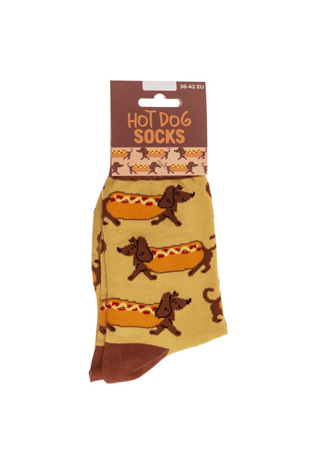 Hot Dog Socken 36–42 – witzige Motivsocken mit Dackel-Motiv fuer Hundeliebhaber und Dackelfans. Originelle Spassocken als Geschenk bei Geschenkinsel.ch.