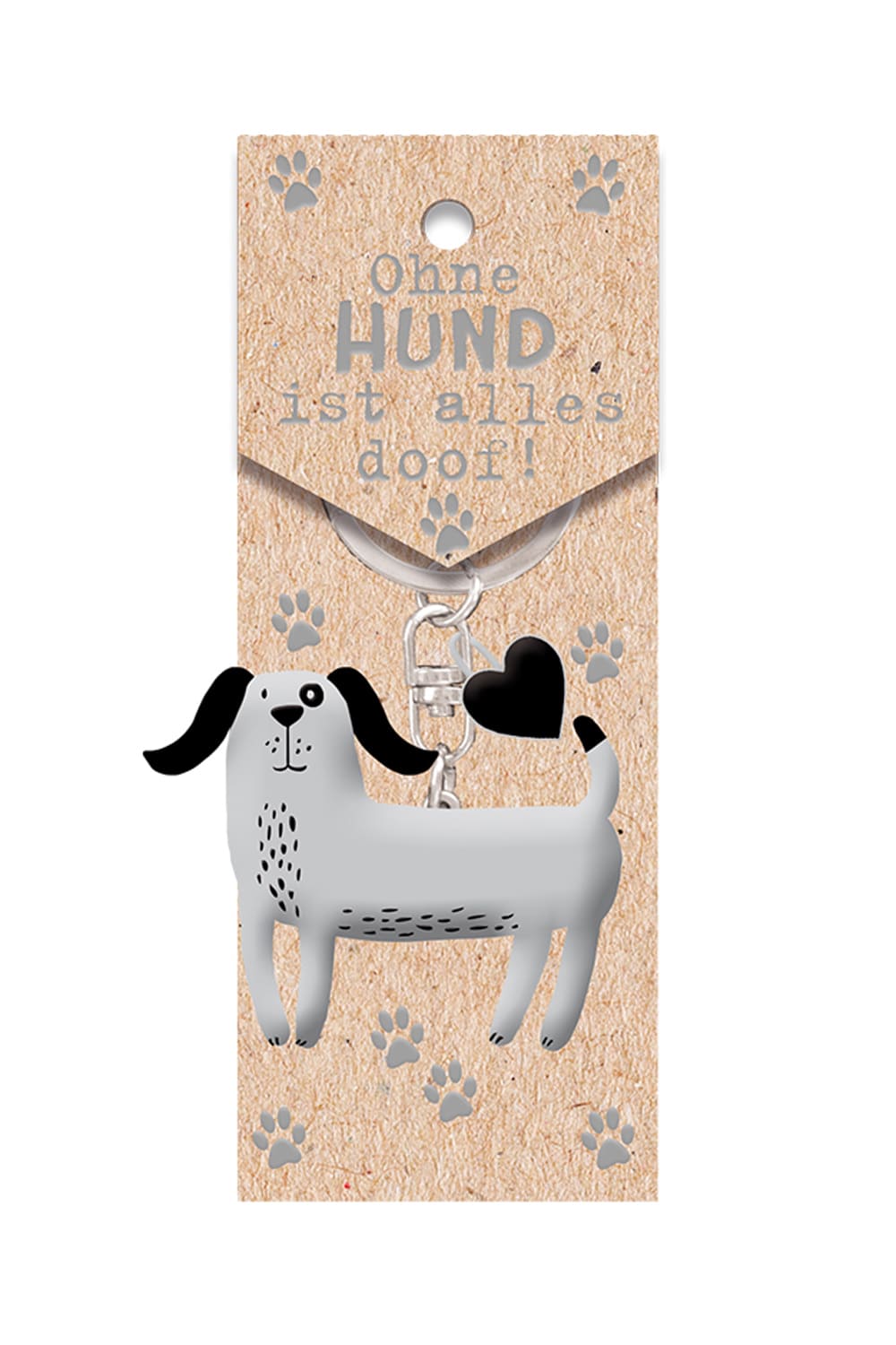 Hund Schluesselanhaenger als Geschenk fuer Hunde-Liebhaber. Der Anhaenger ist auf einer herzigen Kartonage mit dem Spruch: Ohne Hund ist alles doof! 