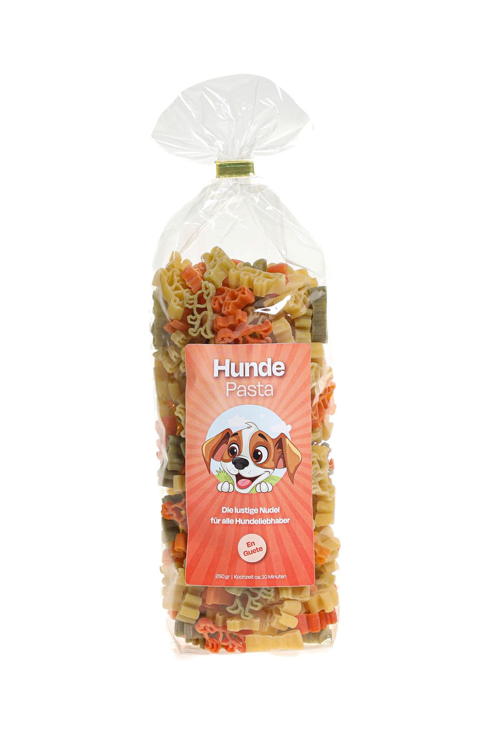 Pastasaeckli mit der Spruchetikette: Hunde Pasta. Die lustige Nudel fuer alle Hundeliebhaber. En Guete. Die Motiv Teigwaren sind in Huendchen Form! 