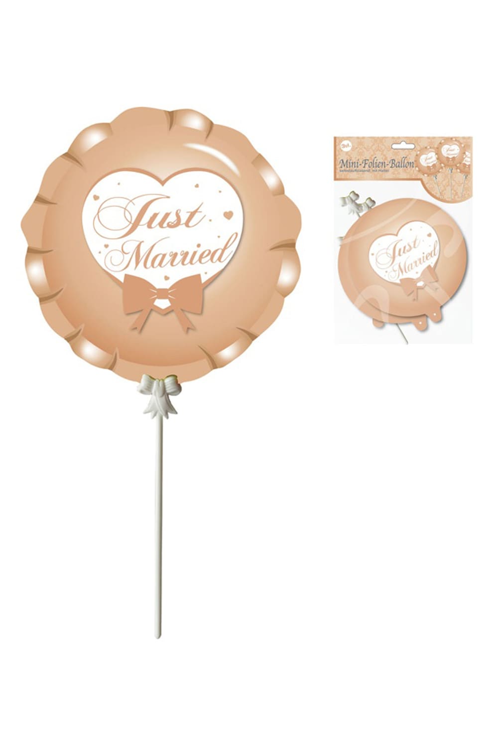 Just Married Ballon als perfekte Dekoration fuer eine Party zur Hochzeit. Folienballon (3 Stk.) inklusive Clip und Stab. Der Ballon ist selbstaufblasend. 