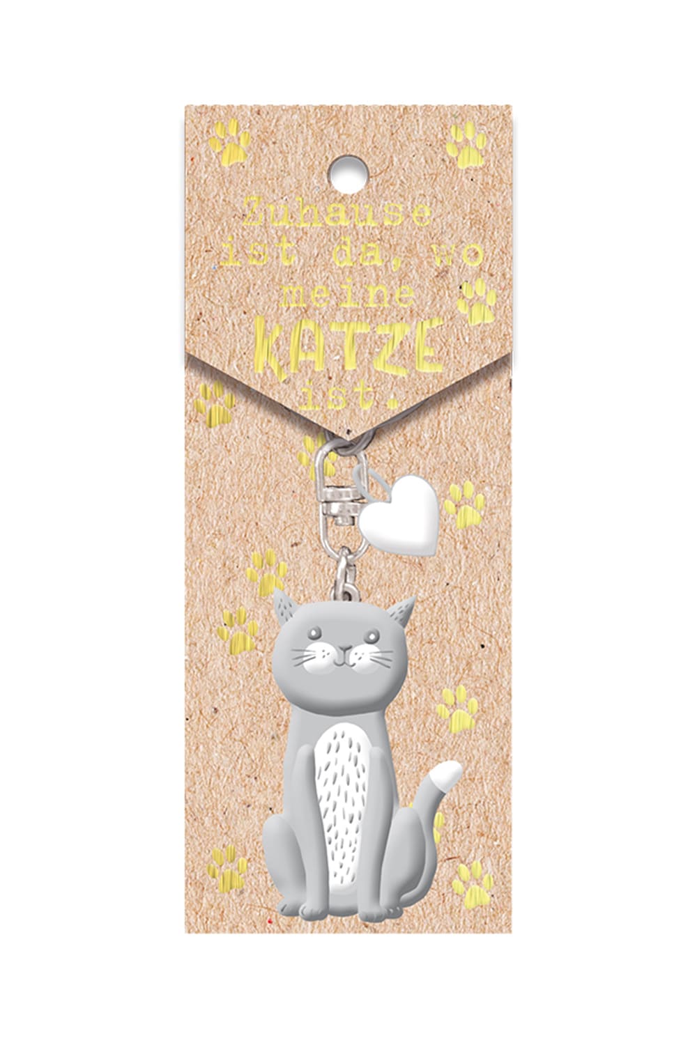 Katze Schluesselanhaenger als Geschenk fuer Katzen-Liebhaber. Der Anhaenger ist auf einer herzigen Kartonage mit dem Spruch: Zuhause ist das wo meine Katze ist!
