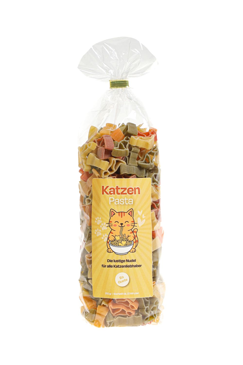 Pastasaeckli mit der Spruchetikette: Katzen Pasta. Die lustige Nudel fuer alle Katzenliebhaber. En Guete. Die Motiv Teigwaren sind in Buesi Form! 