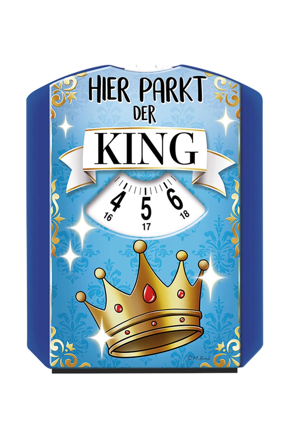 Die spassige Parkscheibe ist mit dem Spruch: Hier parkt der King. Die Parkscheibe ist ein nuetzliches Geschenk fuer Autofahrer. 