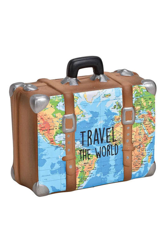 Diese Weltkarte Spardose ist perfekt als Geldgeschenk fuer eine Weltreise. Auf der Koffer Sparkasse steht die Aufschrift: Travel the world. 