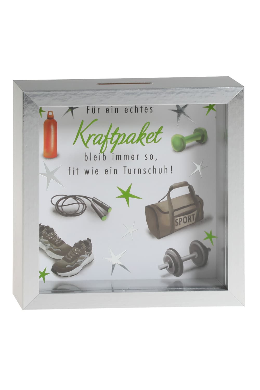 Das Kraftsport Sparkaesseli ist ein ideales Geschenk! Die Holz Spardose mit dem Spruch: Fuer ein echtes Kraftpaket. Bleib immer so, fit wie ein Turnschuh!