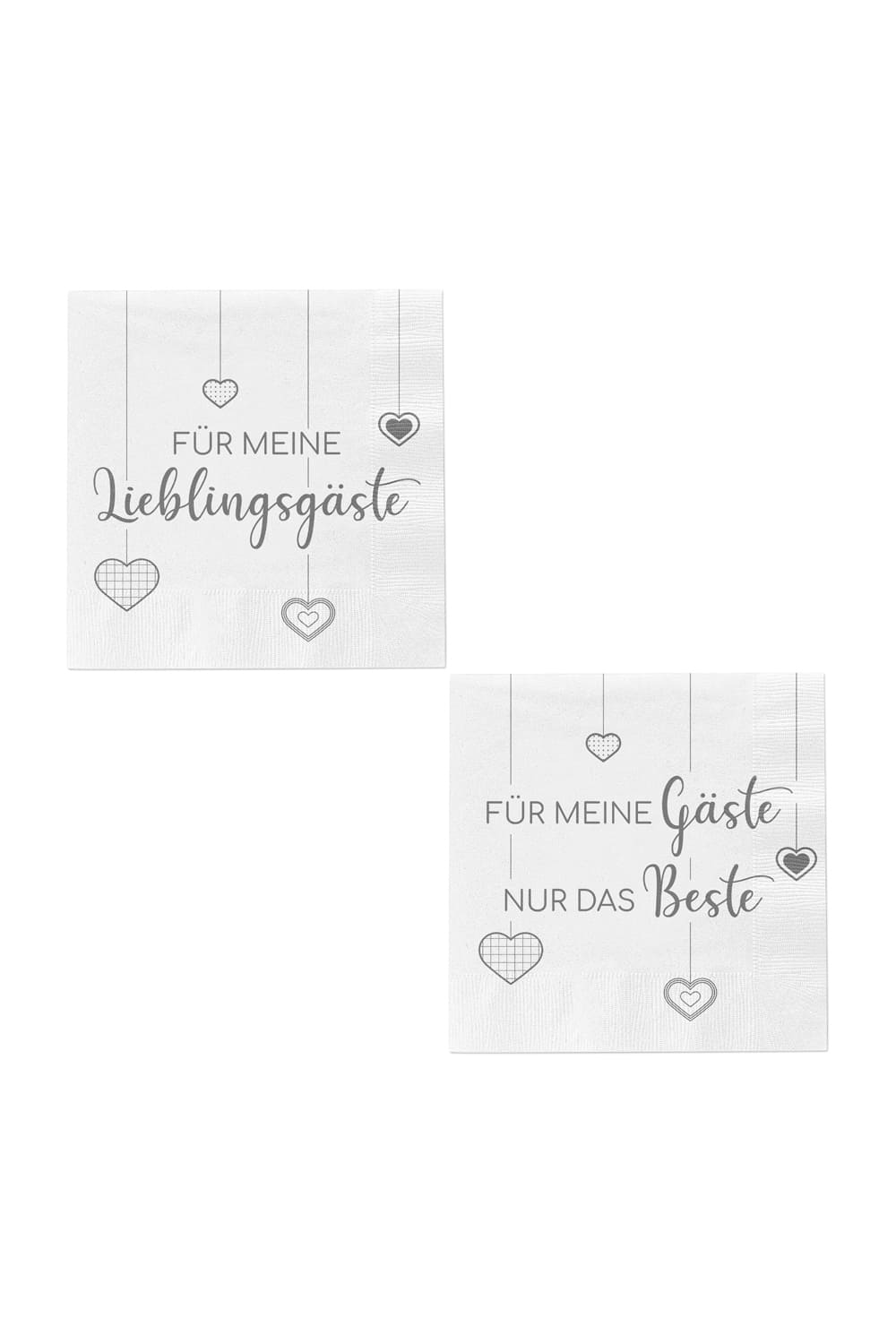 Spruchservietten als Geschenk oder zur Dekoration fuer Kueche und Wohnzimmer. Die Herz Servietten sind nur im 2er-Set erhaeltlich (2 diverse Sprueche). Spruch 1: Fuer meine Lieblingsgaeste Spruch 2: Fuer meine Gaeste nur das Beste. 