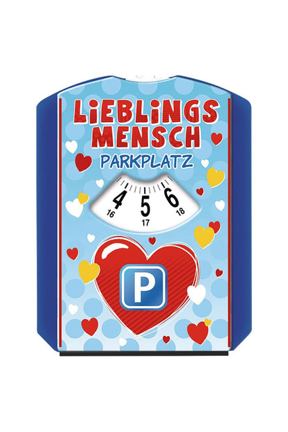 Parkscheibe mit der Aufschrift: Lieblingsmensch Parkplatz. Die Parkscheibe kann als Wasserabzieher und Eiskratzer verwendet werden. Geschenk fuer Autofahrer. 