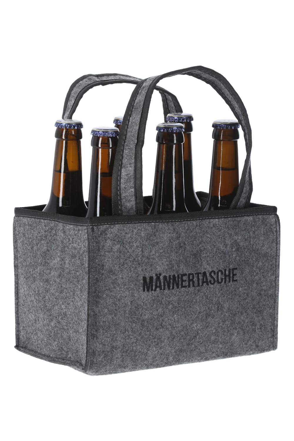 Die witzige Flaschentasche hat Platz fuer sechs Flaschen Bier. Die Tasche ist aus grauem Filz und der Schriftzug ist schwarz. Auf der Biertasche steht die Aufschrift: Maennertasche. Einfach ein kreatives Geschenk fuer alle Bierliebhaber. 