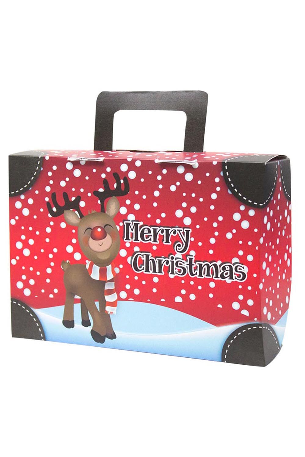 Der kleine Merry Christmas Koffer ist aus feiner Pappe. Der Geschenk Koffer ist mit der Aufschrift: Merry Christmas und einem passenden Renntier Bild, bedruckt.