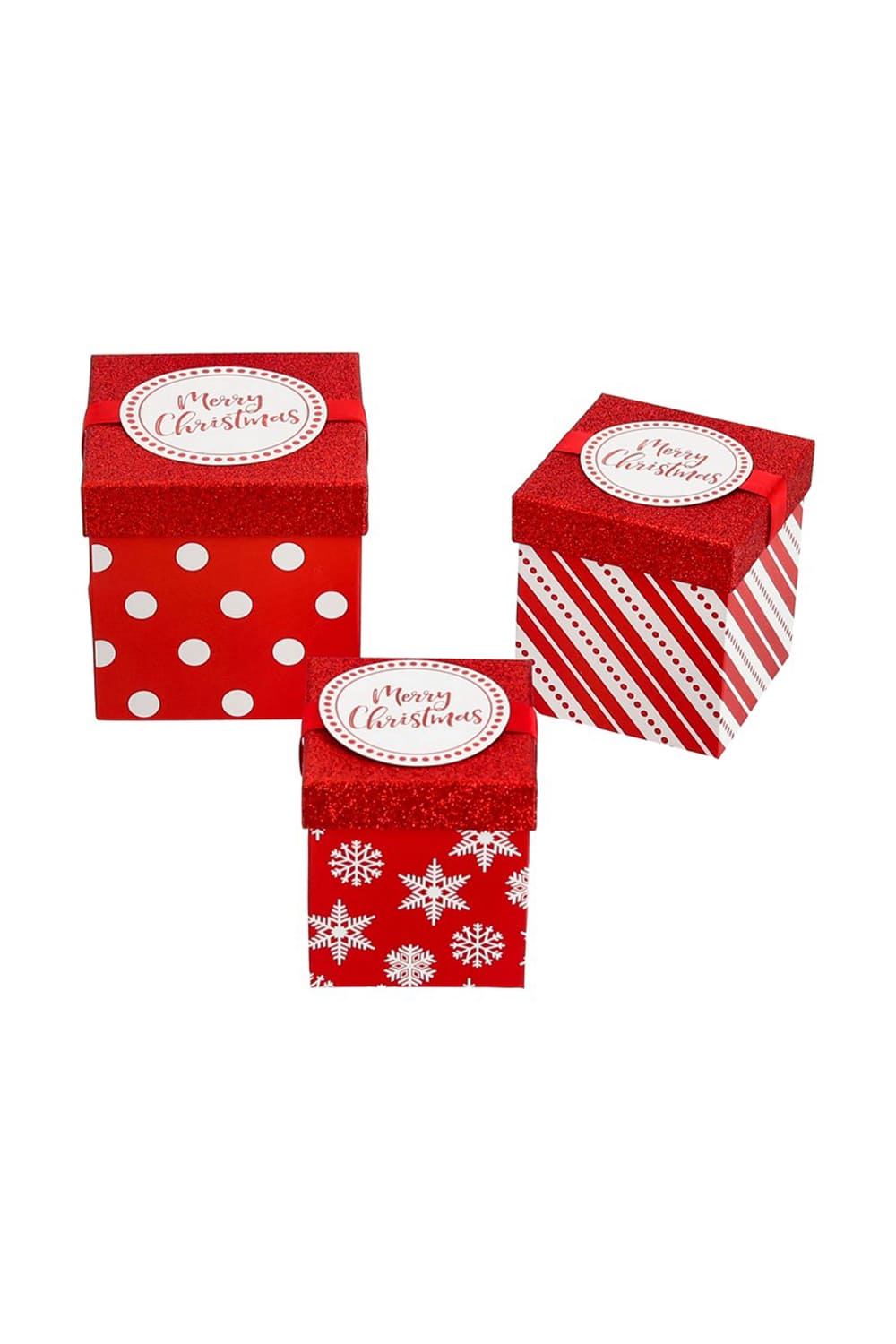 Merry Christmas Geschenkboxen im 3er-Set in Rot und Weiss mit Punkten, Streifen und Schneeflocken in drei Grössen