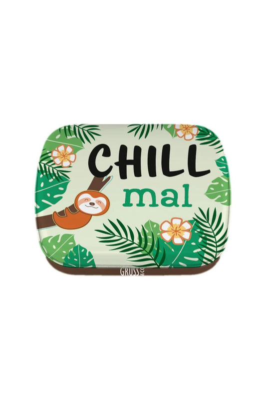 Leckere Pfefferminz Bonbons in der Mintdose mit witzigem Motivdruck und dem Spruch: Chill mal! Humor Apotheke! Online bei geschenkinsel.ch kaufen!