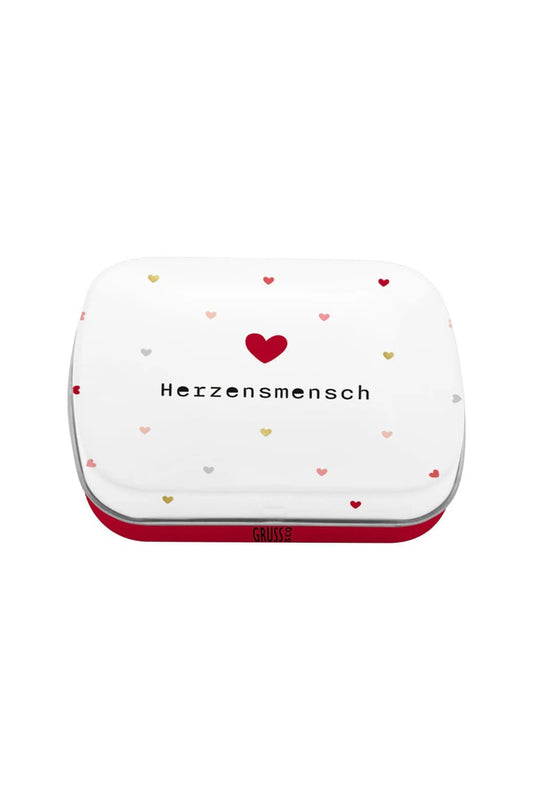 Leckere Pfefferminz Bonbons in der Mintdose mit herzigem Motivdruck und der Aufschrift: Herzensmensch. Online bei geschenkinsel.ch kaufen!