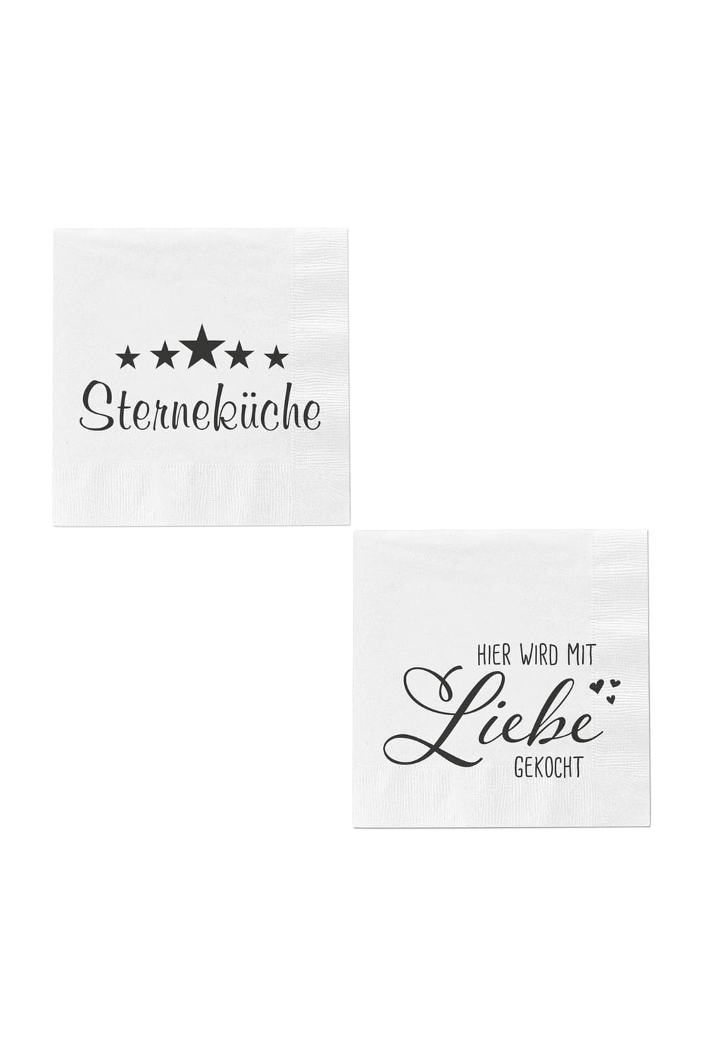 Spruchservietten als Geschenk oder zur Dekoration fuer Kueche und Wohnzimmer. Die Servietten sind nur im 2er-Set erhaeltlich (2 diverse Sprueche). Spruch 1: Sternekueche Spruch 2: Hier wird mit Liebe gekocht.