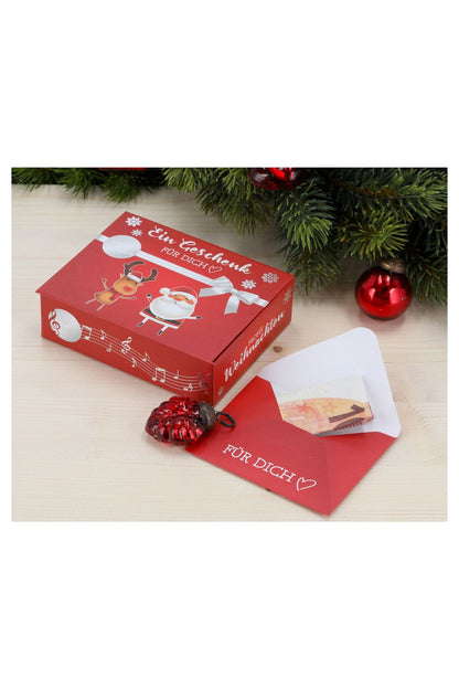 Ein Geschenk fuer Dich zu Weihnachten. Musik Schachtel in der Farbe rot mit Elch und Nikolaus. Geldgeschenk mit Musik 