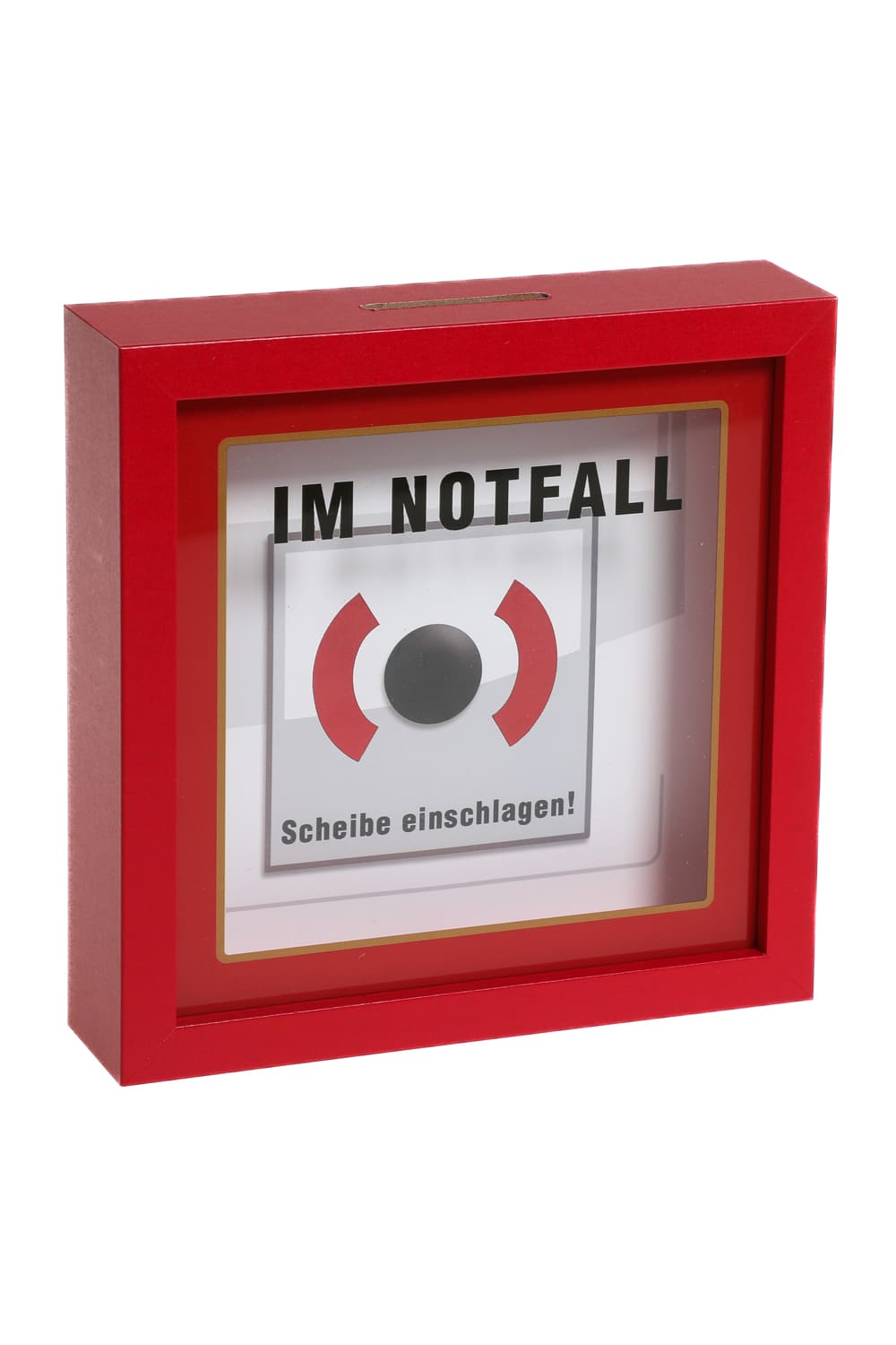 Das Holzrahmen Sparkaesseli ist ein ideales Geschenk fuer jede Gelegenheit! Die Holz Sparkasse ist bedruckt mit der Aufschrift: Im Notfall Scheibe einschlagen!