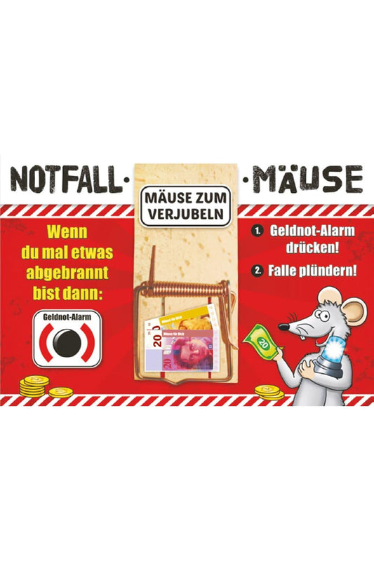 Die Notfall Klappkarte mit der Mausefalle praesentiert Ihr Geldgeschenk absolut originell und kreativ. Noetli einfach in die Mausefalle klemmen und den Text in die Karte schreiben. Die Doppelkarte mit dem Spruch: Notfall Maeuse. Wenn Du mal etwas abgebrannt bist dann: 1. Geldnot-Alarm druecken! 2. Falle pluendern! 