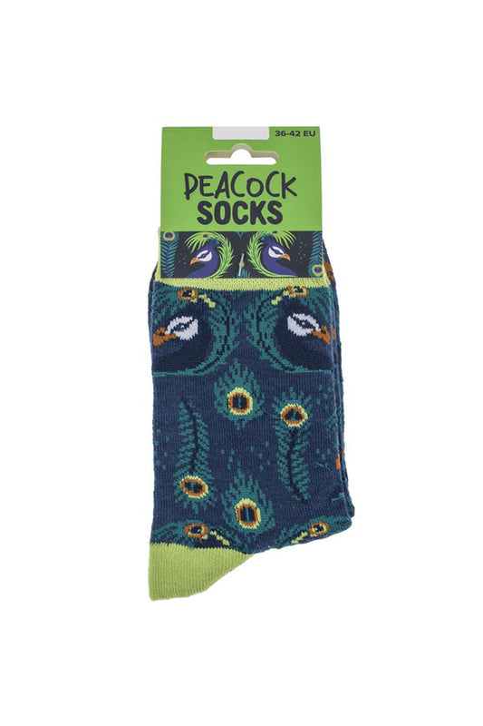 Pfau Socken in Dunkelblau und Gruen mit Pfauen Pfauenfedern und farbenfrohen Augenmustern in Einheitsgroesse 36/42