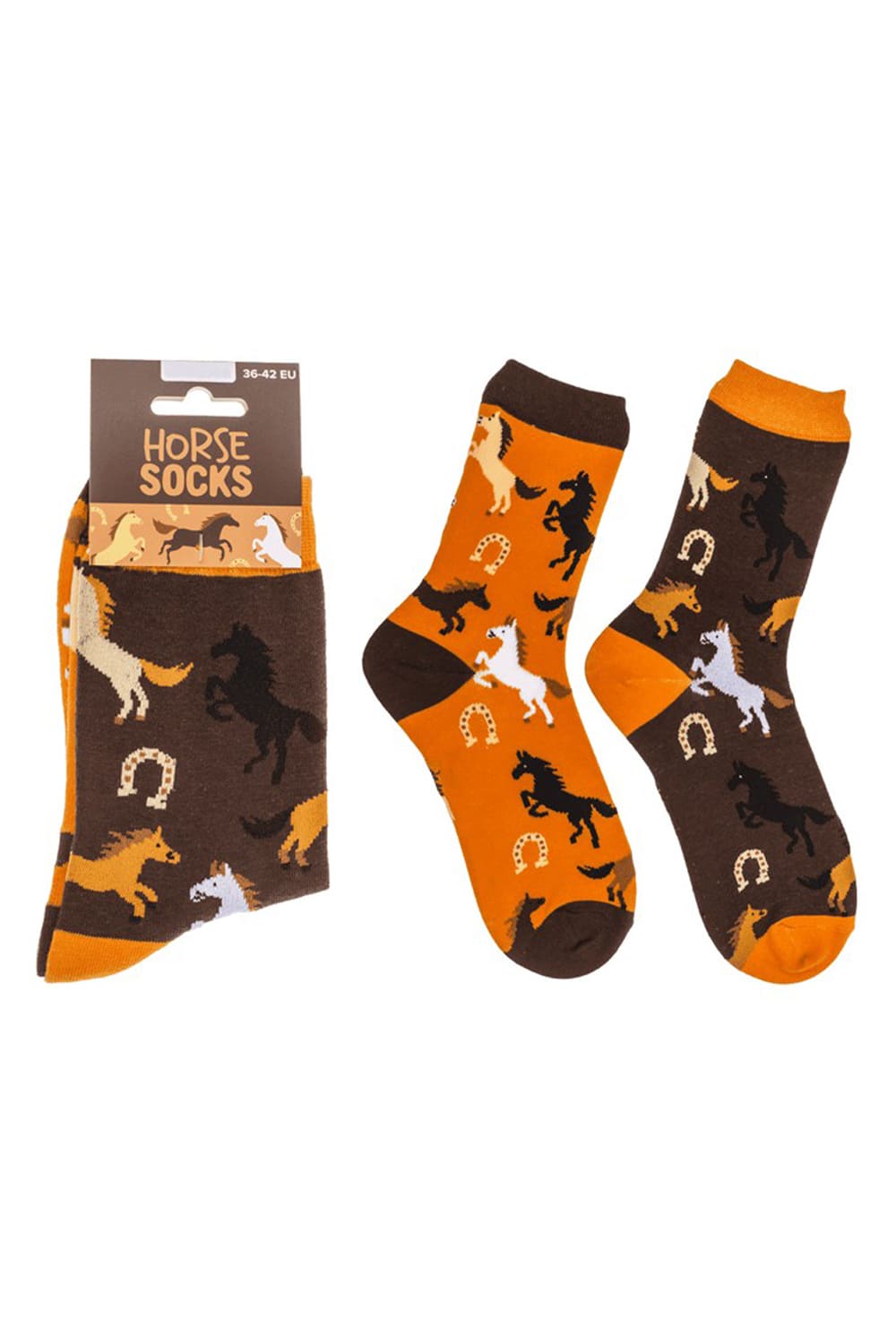 Witzige Socken mit Pferde Motiv! Diese lustigen Motivsocken sind ein grossartiges Geschenk fuer Pferdeans! In der Einheitsgroesse (36/42) erhaeltlich. Bei geschenkinsel.ch.