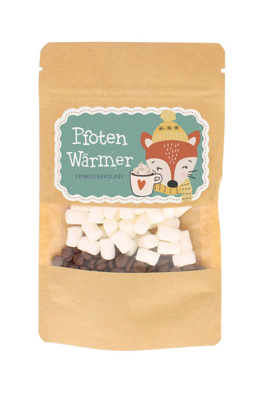Ein leckeres Geschenk rund um die Winterzeit und zu Weihnachten! Auf der Verpackung steht: Pfotenwaermer Trinkschokolade. Mit herzigem Fuchs Motiv. 