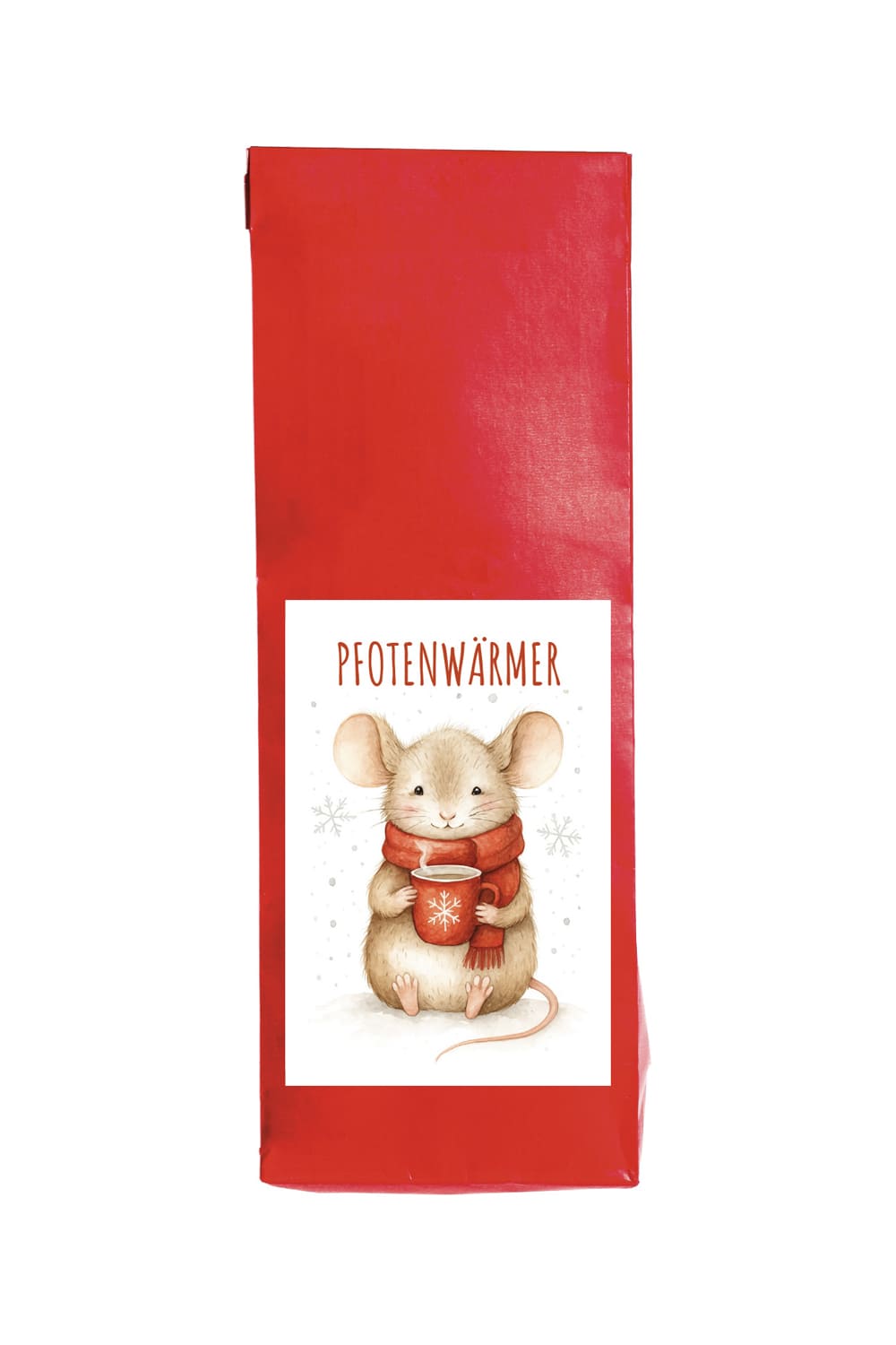 Der leckere Tee aus Fruechten ist in einem roten Beutel verpackt. Mit der Aufschrift: Pfotenwaermer. Ein ideales Teegeschenk fuer die Winterzeit!