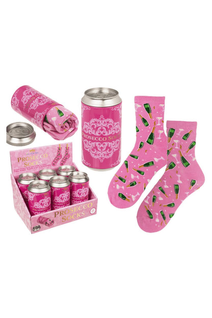 Ultimative Socken mit Prosecco Design, verpackt in einer Dose. Die Spasssocken sind in einer Einheitsgroesse fuer Erwachsene. Display.