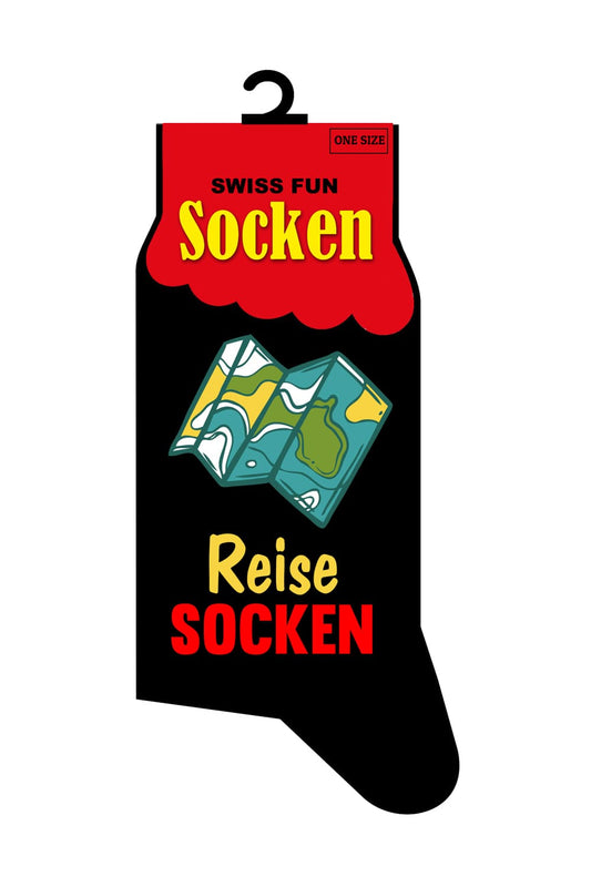Witzige Spasssocken mit der Aufschrift: Reise Socken. Zusaetzlich ist auf den Socken eine Landkarte abgebildet. Die Socken sind in einer Einheitsgroesse (41 – 46) und fuer Maenner sowie fuer Frauen geeignet. 