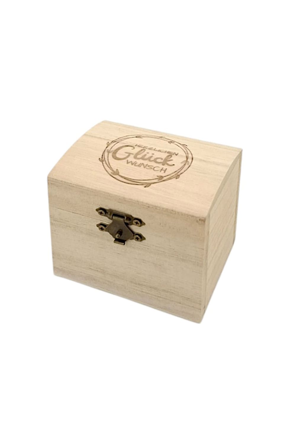 Die Schatzkiste Groesse S ist eine schoene Holztruhe mit der Gravur „Glueckwunsch“. Ideal fuer kleine Ueberraschungen und Geldgeschenk. 